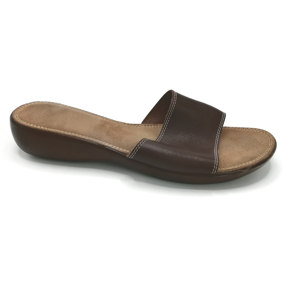 Vintage Shoes Womens Sandals Slide Brown Italian Leather Pebbled Low Wedge 9.5